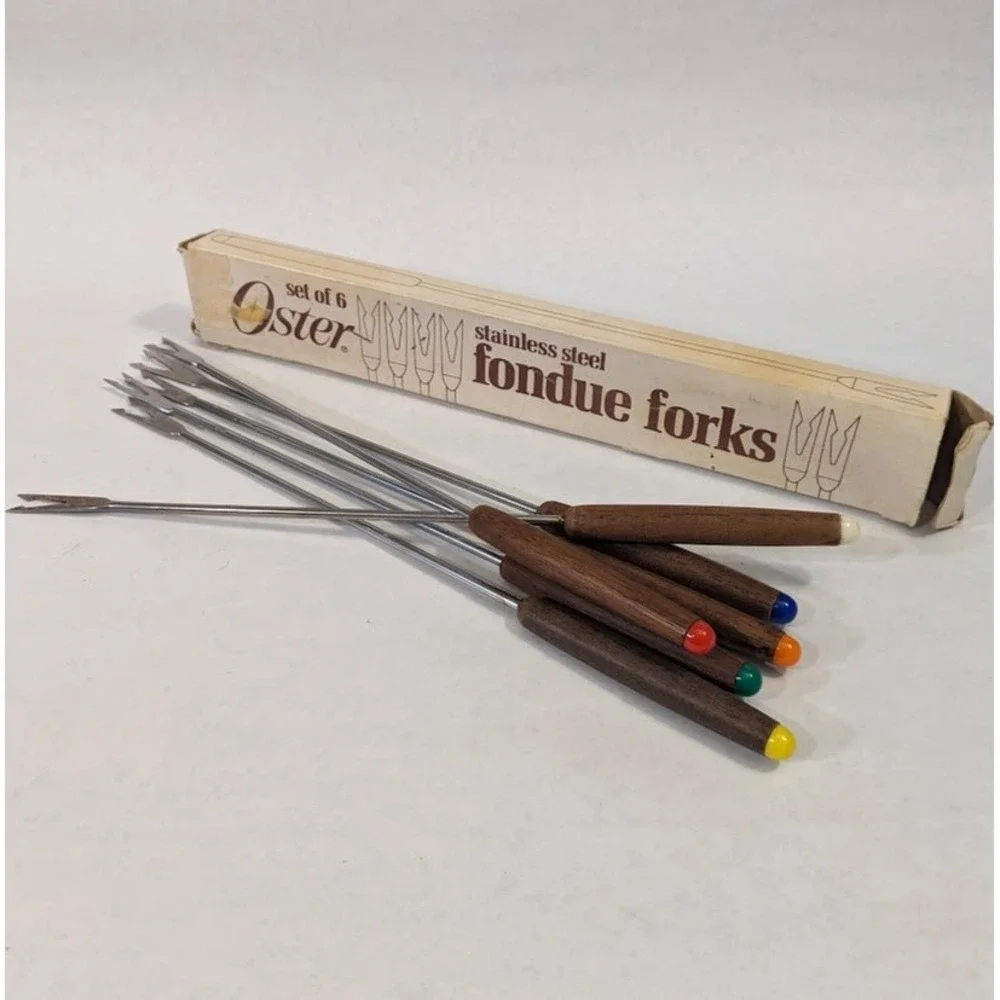 Vintage Oster Stainless Steel Fondue Forks Set of 6 Wood Handles MCM 203187